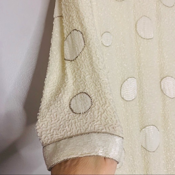 Vintage Bob Mackie Silk Beaded Geometric Long Sleeve Winter White Mini Dress 12 - Picture 4 of 14